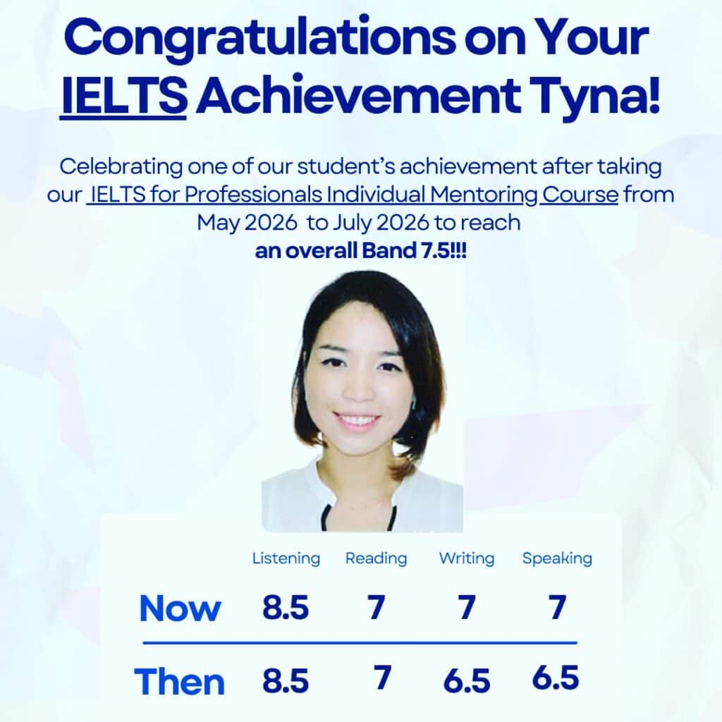 Tyna's IELTS score breakdown: Listening 8.5, Reading 7, Writing up from 6.5 to 7 and Speaking up from 6.5 to 7, reaching an overall Band 7.5.